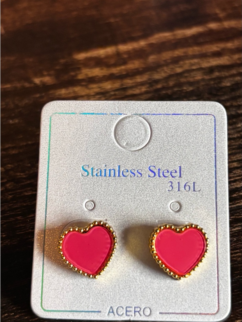 Stainless Steel Gold‎ Tone Trim Pink Heart Stud Earrings